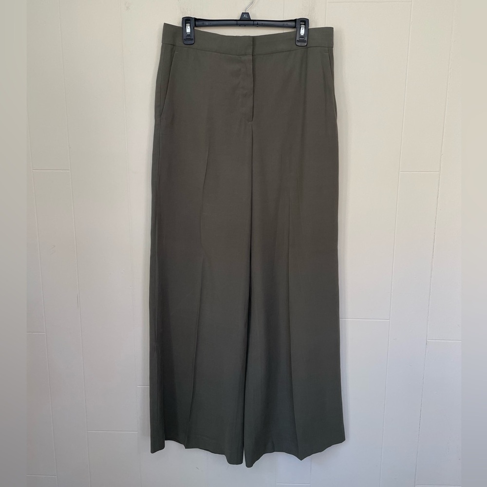 Ann Taylor Wide Leg Trousers Dress Pants Olive Green Flat Front Pockets Size 8